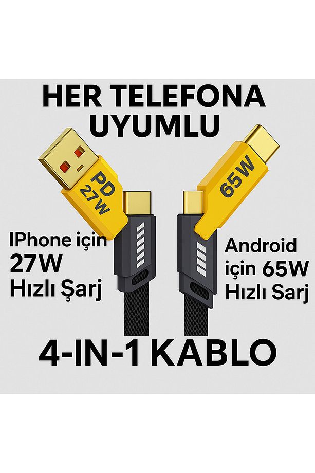 4'ü 1 Arada Hızlı Şarj Kablosu - Her Duruma Uygun Tek Kablo! - 4