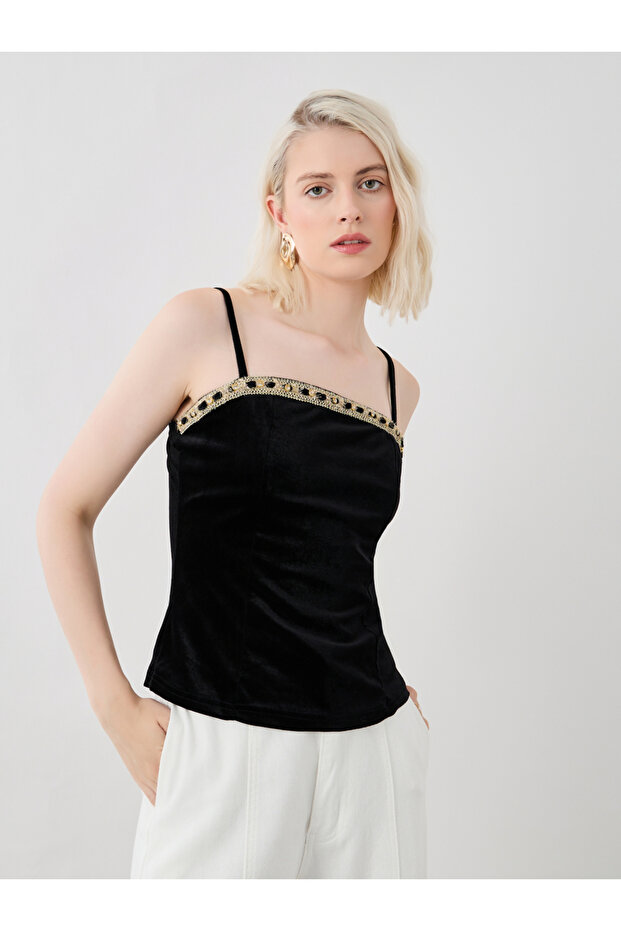 Solid Velvet Look Lace Insert Cami Top - 1