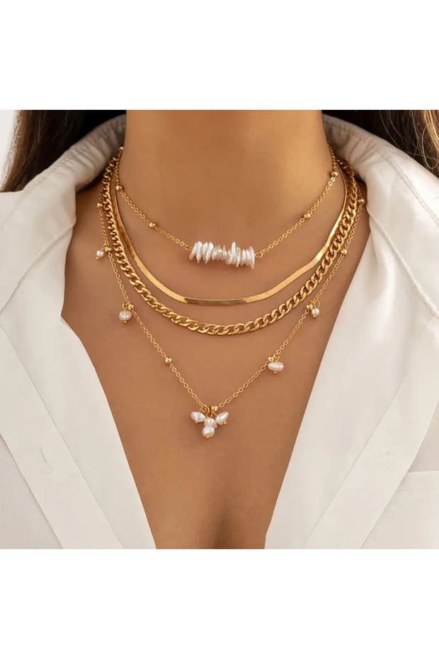 Senky 4 Pieces Gold Chain White Stone Necklace Set