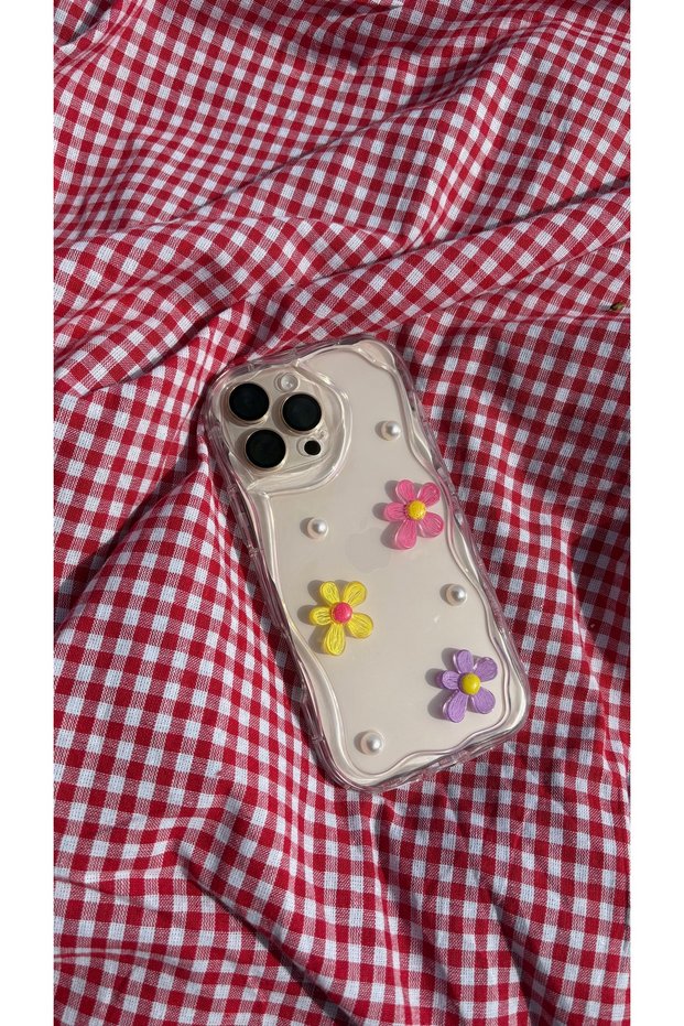 iPhone 15 Pro Case Compatible Case Wave Edge Shockproof Pearl Flower Design Case