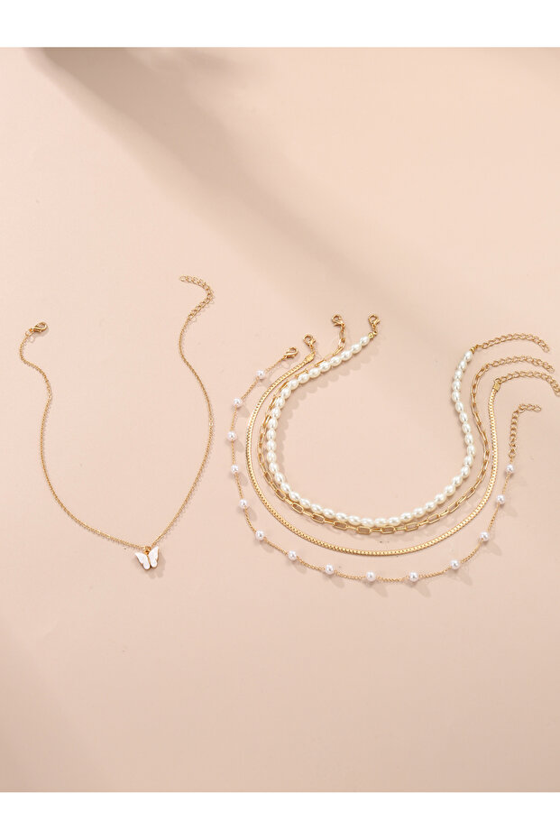 Set of 3 - Butterfly Pendant Faux Pearl Necklace
