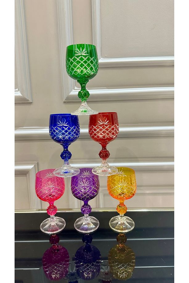 Bohemia Kristal Ananas Model Renkli Kesme El İşi Ayaklı Kahve Yanı Su Bardağı - 3