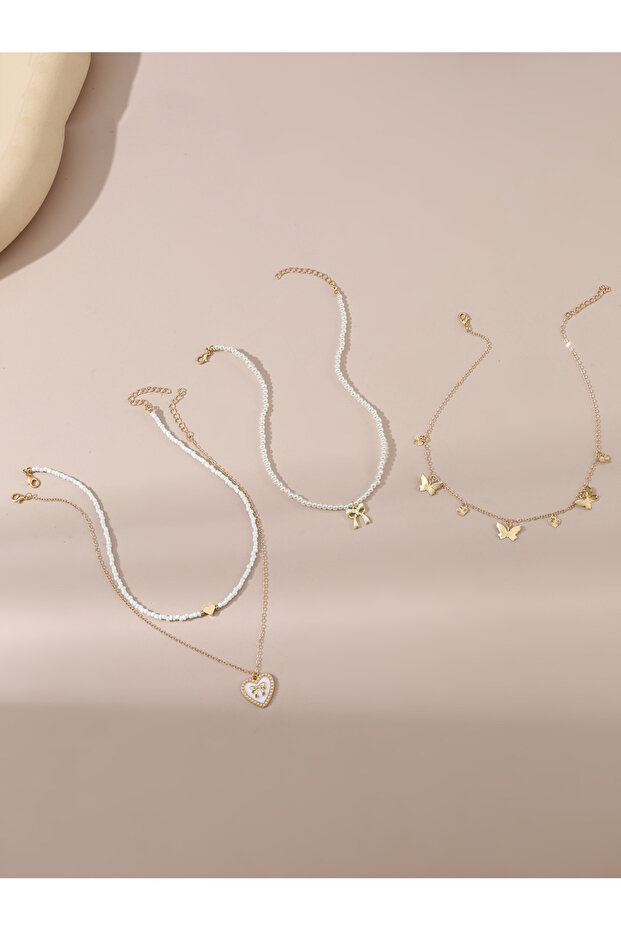 Set of 4 - Bow Pendant Faux Pearl Necklace