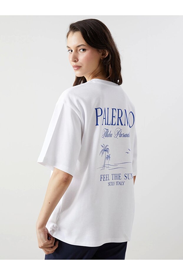 Lcw Vision White Crew Neck Palermo Printed Oversize Women's T-Shirt