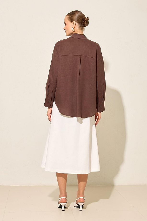 Acı-Kahve %100 Keten Uzun Kollu Oversize Gömlek - 6
