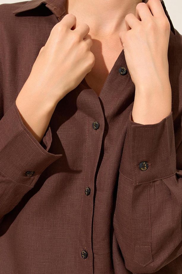 Acı-Kahve %100 Keten Uzun Kollu Oversize Gömlek - 5