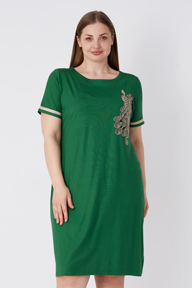 Women's Green Large Size Short Sleeve Dress with Embroidery Detail