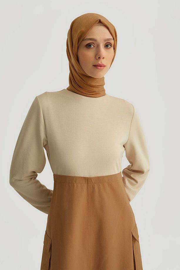 Paraşüt Kumaş Mix Örme Elbise Ortd9437 Camel - 3