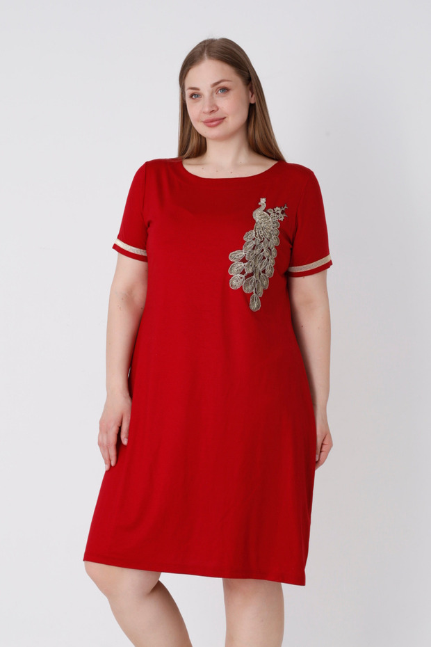 Women's Burgundy Large Size Short Sleeve Dress with Embroidery Detail