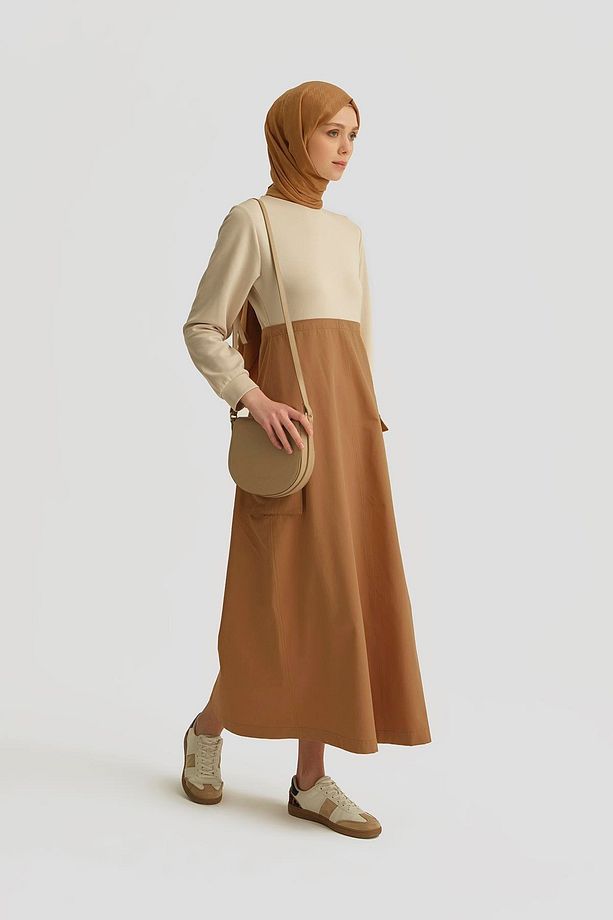 Paraşüt Kumaş Mix Örme Elbise Ortd9437 Camel - 2