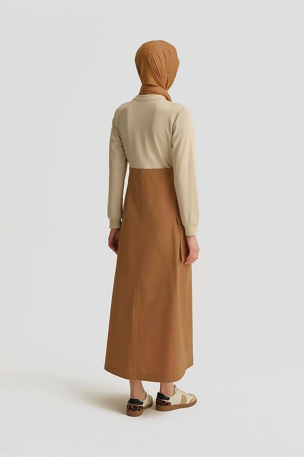 Paraşüt Kumaş Mix Örme Elbise Ortd9437 Camel - 5
