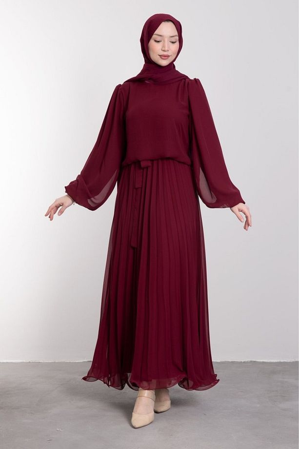 Şifon Minimalist Piliseli Tesettür Elbise Bordo - 1