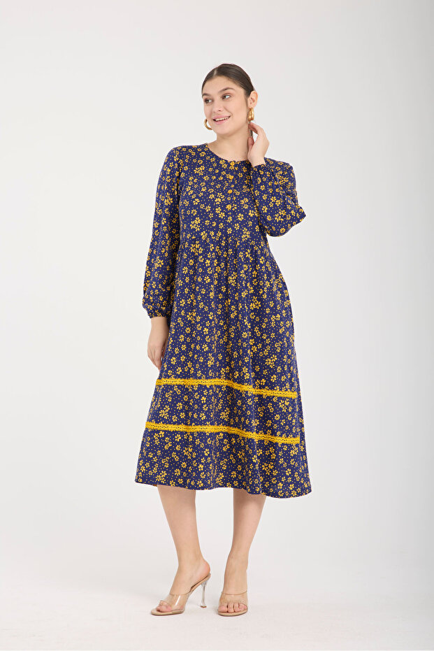 Navy Blue Yellow Floral Patterned Large Size Long Sleeve Women's Dress
