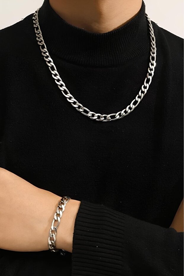 Figaro Steel Men's Necklace and Bracelet Set Thick 8 mm eck19s