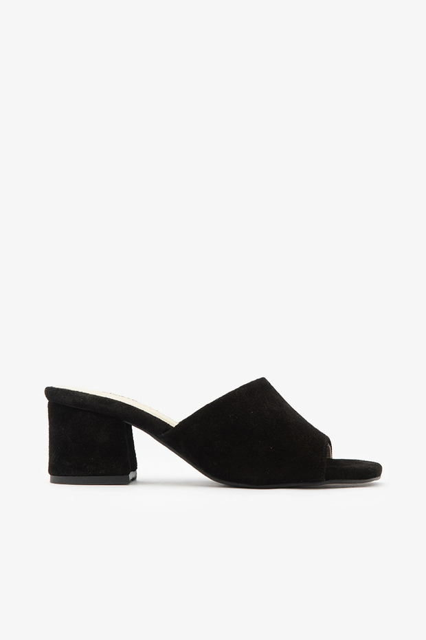 Black Suede Genuine Leather Thick Heeled Women's Slippers