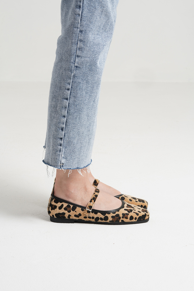 Női szőrös leopárd bőr napi csatos alacsony sarkú kényelmes balerina BYNDMRJ01 - 3