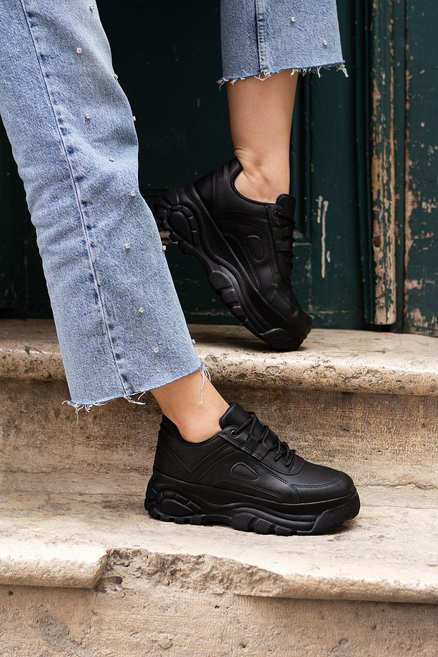 Siyah Günlük Kadın Spor Ayakkabı Bağcıklı Kalın Hafif Yüksek Taban Sneaker - 5