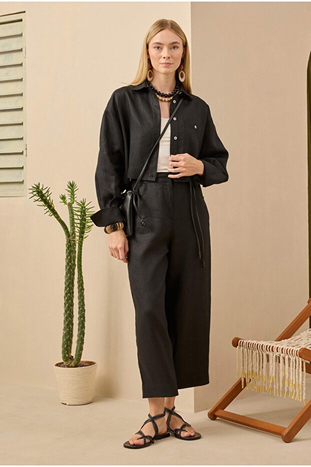 Keten Crop Gömlek Siyah - 4