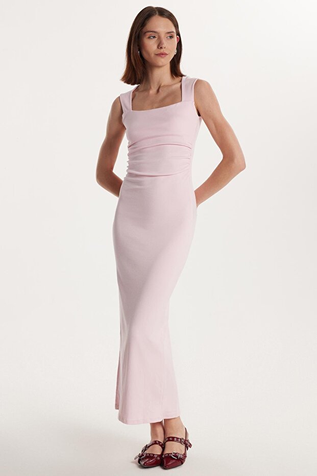 Women's Modal Fabric Standard Fit Regular Cut Square Neck Back Slit Viscose Pink Dress