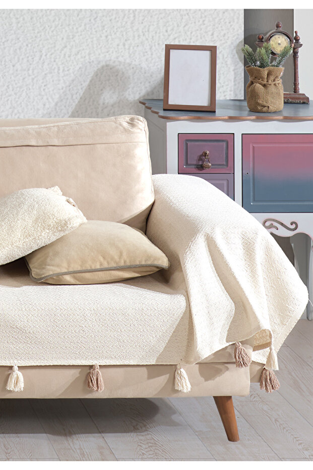Lux Touch Pera Ekru Püsküllü Kolları Örten Koltuk Örtüsü 300x110 cm 3m Battal Boy Ponponlu Kanepe Divan Çekyat