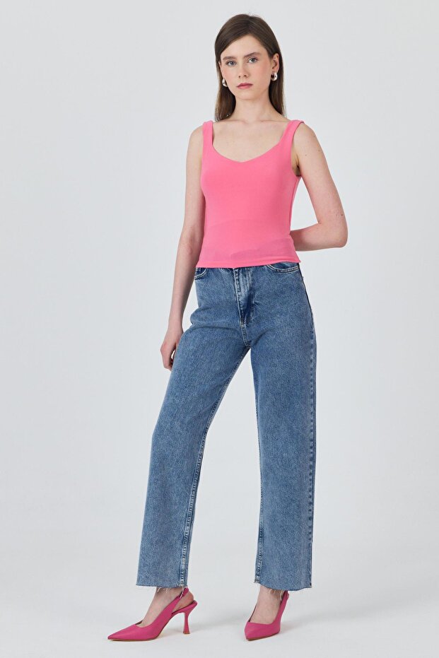 Pink Thick Strap V-Neck Blouse 13293 - 6