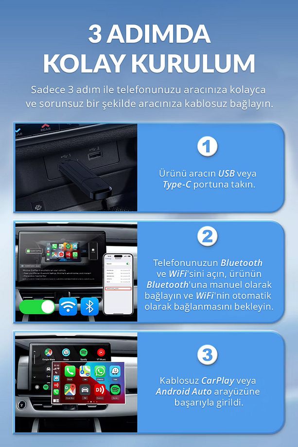 Kablosuz Araç Adaptörü 2in1 Carplay & Android Auto Hızlı Bluetooth Wifi 2025 Yeni Model A+ Kalite - 7