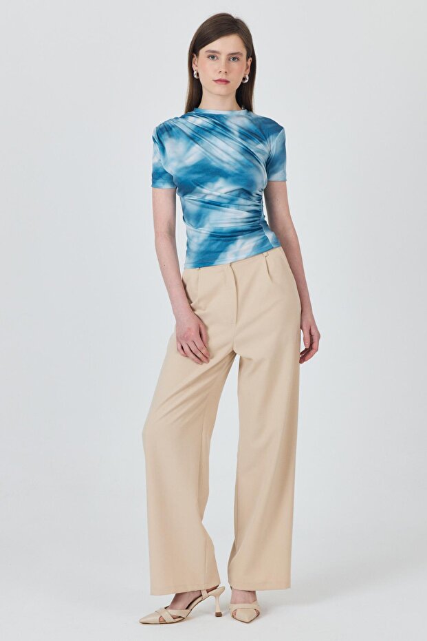 Blue Patterned Gathered Sandy Blouse 12303 - 2