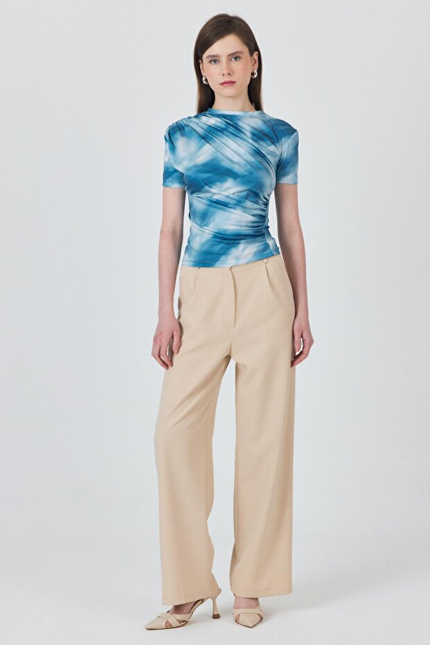 Blue Patterned Gathered Sandy Blouse 12303 - 6