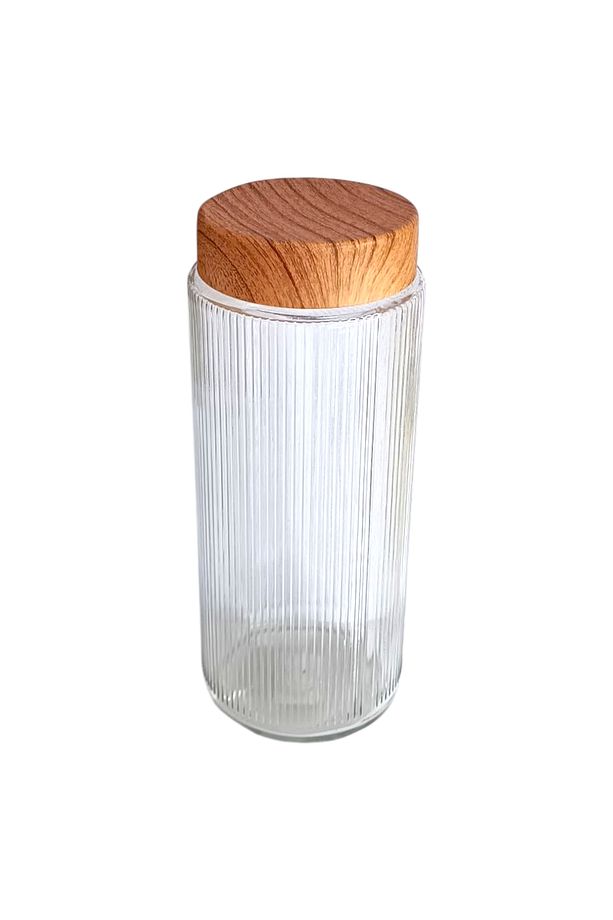 3 Adet 1,5 Litre Bambu Kapak Görünümlü Çizgili Kavanoz Seti 1500 ML Büyük Boy - 4
