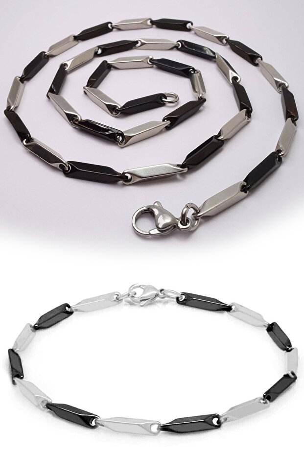 Black white square cube model men's steel necklace and bracelet set eck05s
