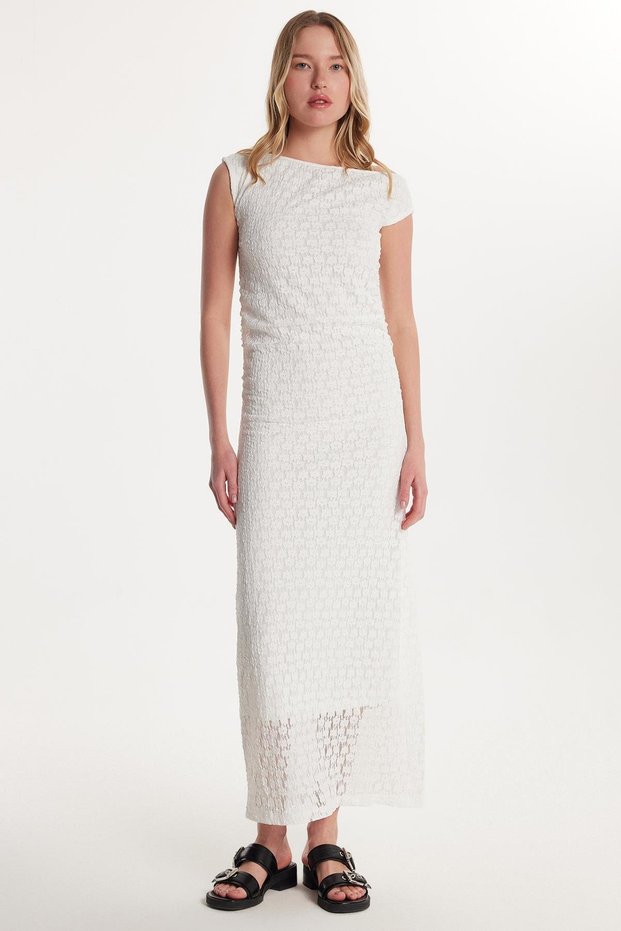 Women's Standard Fit Off-The-Shoulder Boat Neck Lace Patterned Ecru Dress