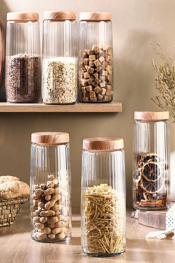 6 Adet 1,5 Litre Bambu Kapak Görünümlü Çizgili Kavanoz Seti 1500 ML Büyük Boy - 1