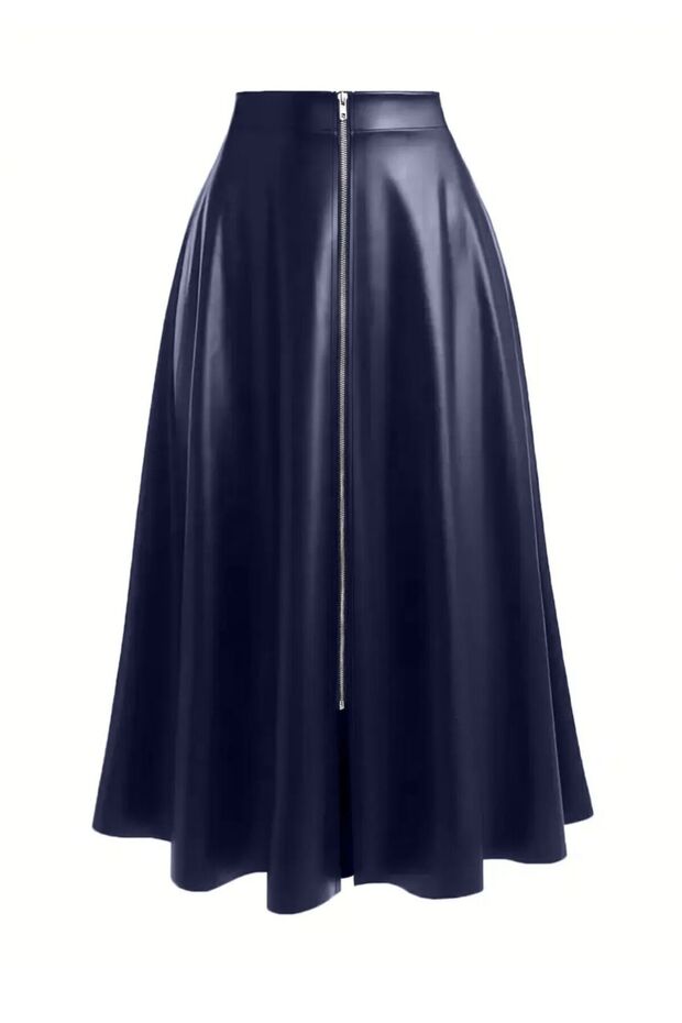 Women's Navy Faux Leather Mevlana Skirt, Long, Front Zippered, Everyday & Evening Elegance