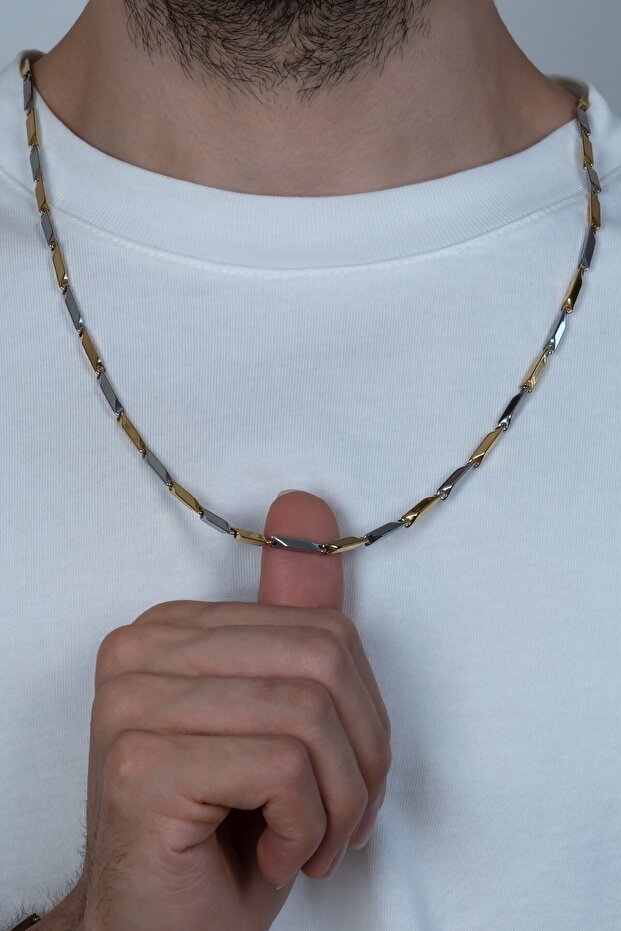 Sarı Beyaz Erkek Çelik Kolye Kare Küp Üçgen Model Zincir eck05ksrb - 3