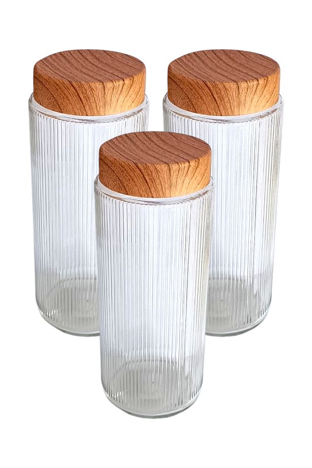 3 Adet 1,5 Litre Bambu Kapak Görünümlü Çizgili Kavanoz Seti 1500 ML Büyük Boy - 3