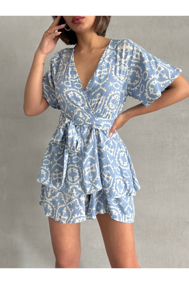 Women's Blue Patterned Shorts Skirt Dress