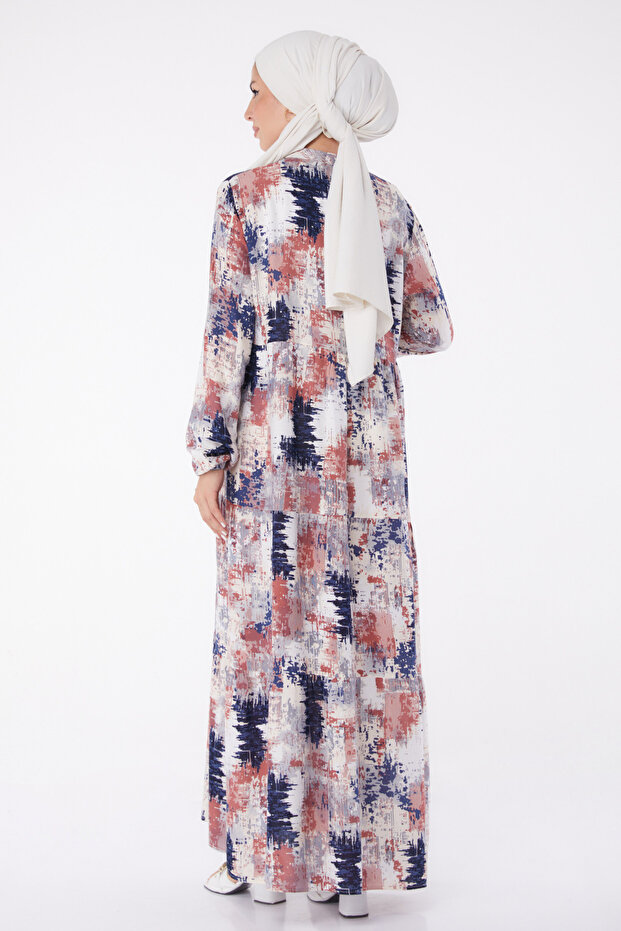 Buttoned Patterned Dress Navy Blue - 26045 - 6