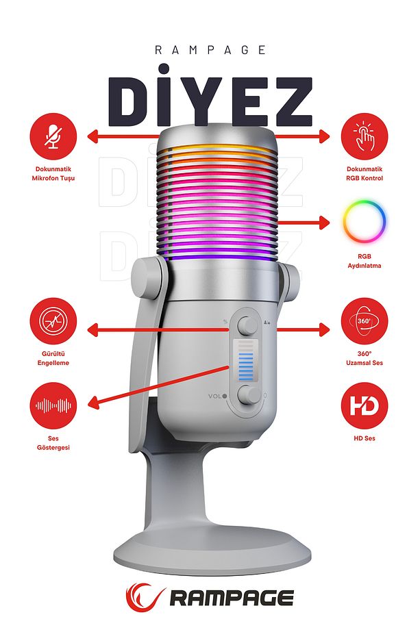 Diyez Beyaz Rgb Ses Gösterge Mikrofon Oyuncu Mikrofonu Yayıncı Mikrofonu Youtuber Mikrofonu - 1