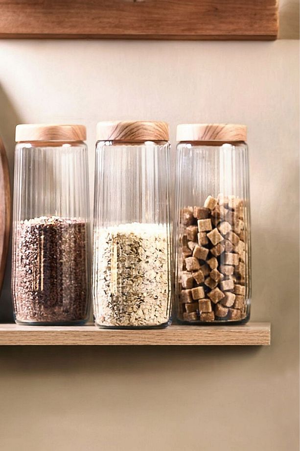 3 Adet 1,5 Litre Bambu Kapak Görünümlü Çizgili Kavanoz Seti 1500 ML Büyük Boy - 2
