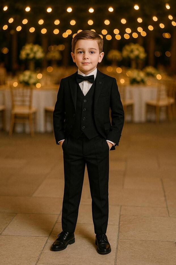 Boy's Tuxedo Suit with Jacket / Jacket, Pants, Vest, Shirt and Bow Tie (Slim Fit)