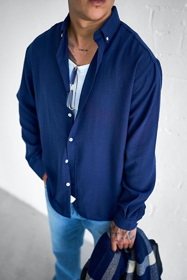 Erkek Oversize Basic Rahat Gömlek Lacivert - 4