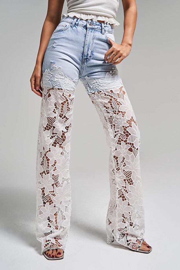 Women's Denim Color 12S5-100 Lace Jeans Double Piece Straight Fit Lace Detailed Design Denim Jean