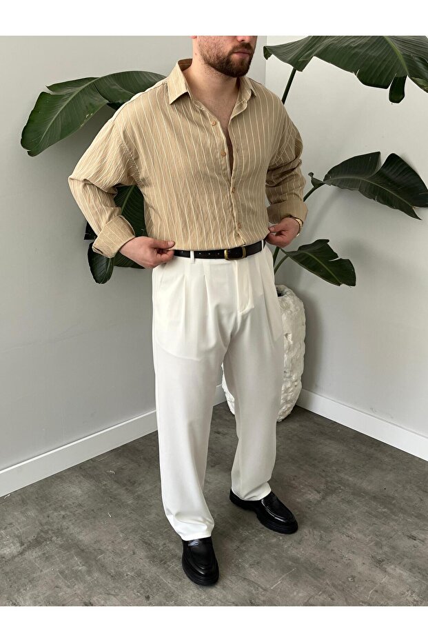 Erkek Oversize Çizgili Modal Gömlek - 8