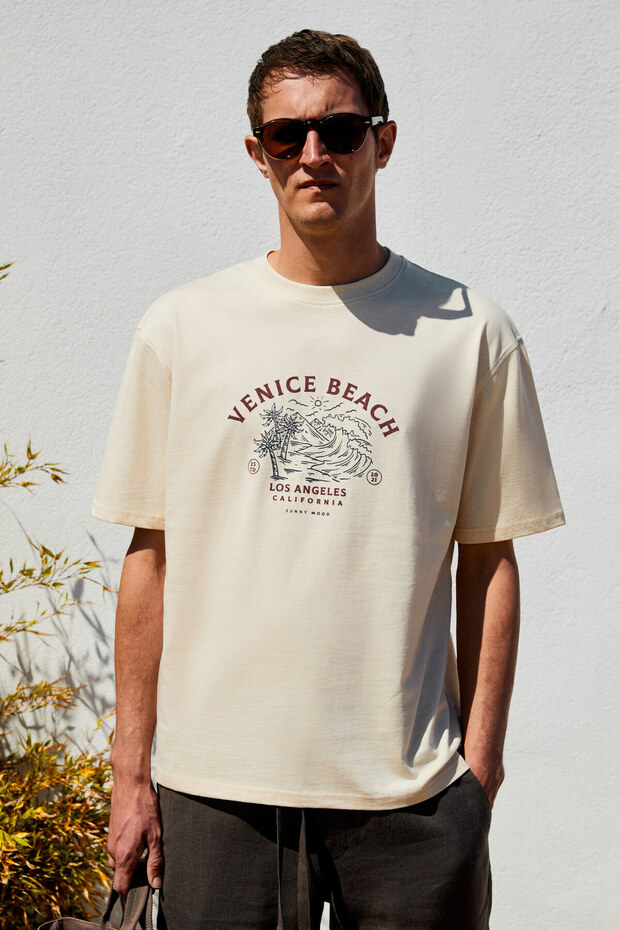 Provence Men's Crew Neck 100% Organic Cotton Regular Fit Light Beige T-Shirt