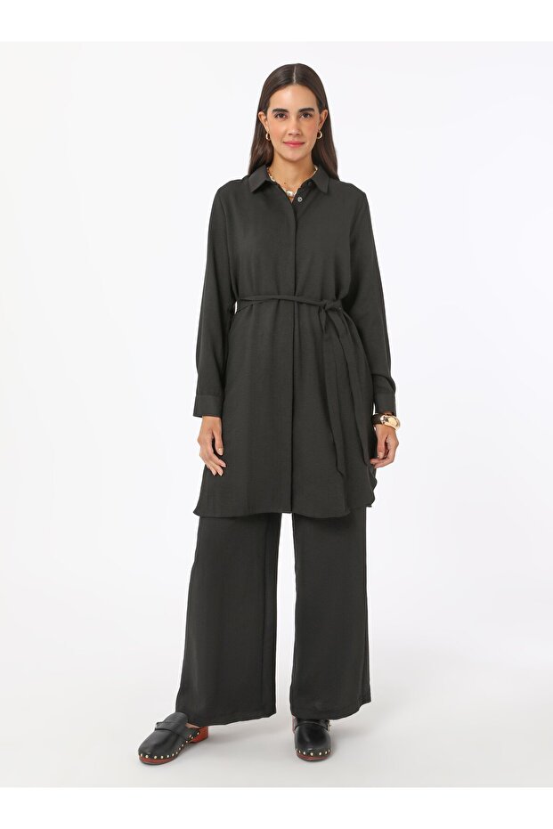 Soft Buttoned Tunic Pants Double Set - Black - - 4