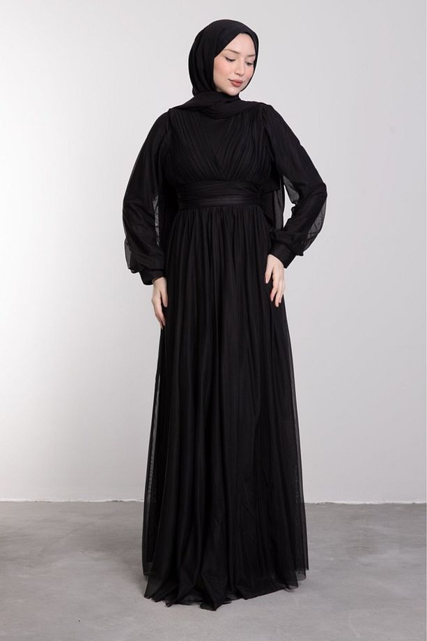 Minimalist Sıralı Piliseli Tesettür Abiye Siyah - 2