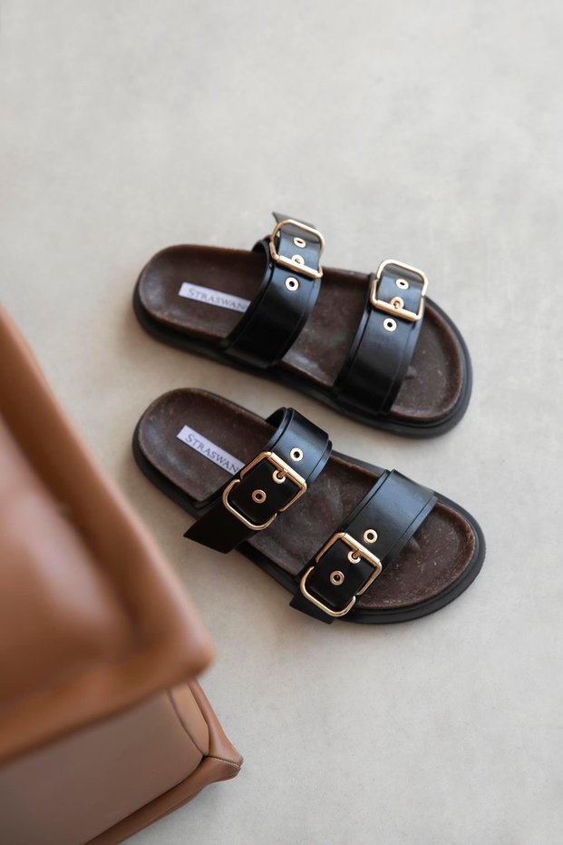 Gita Women's Buckle Detail Daily Comfort Leather Slippers Black