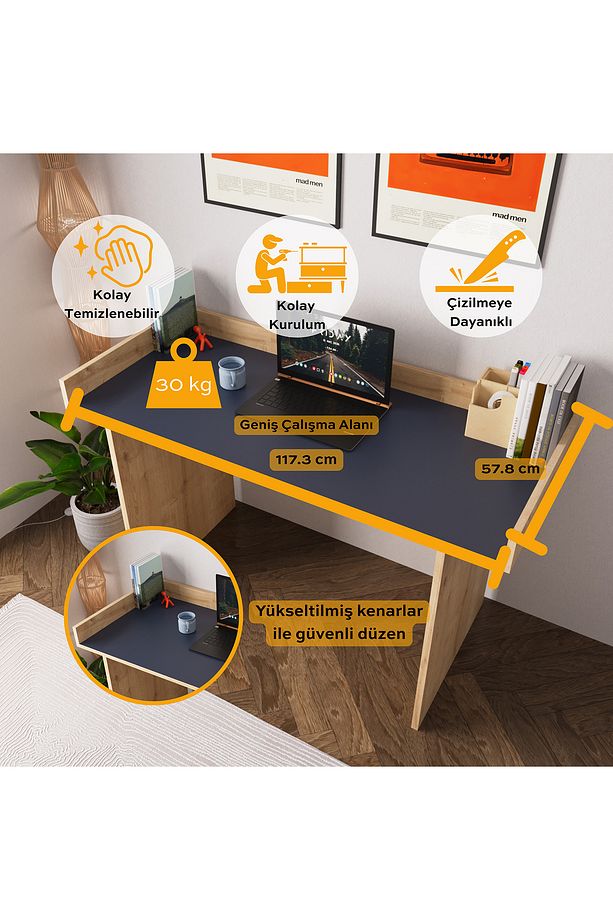 Somas S6512 Çalışma Masası Safir-mavi Ders Çalışma Ofis Masası Pratik Kurulum - 3