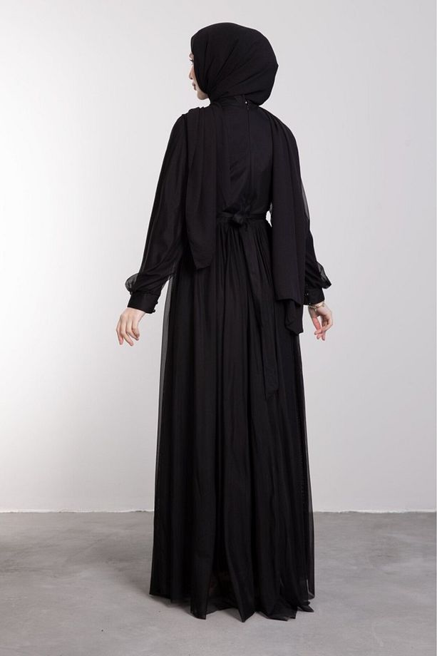 Minimalist Sıralı Piliseli Tesettür Abiye Siyah - 4