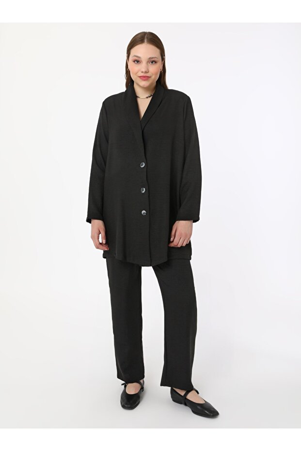 Plus Size Woven Jacket & Pants Set - Black - Alia